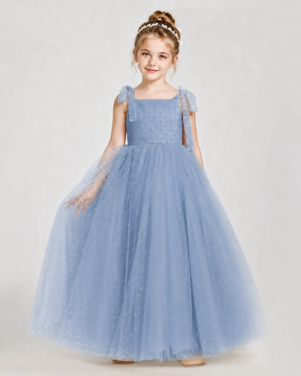 Dusty Blue Tulle A-line Girls Formal Dress Front View