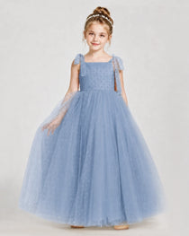 Dusty Blue Tulle A-line Girls Formal Dress Front View