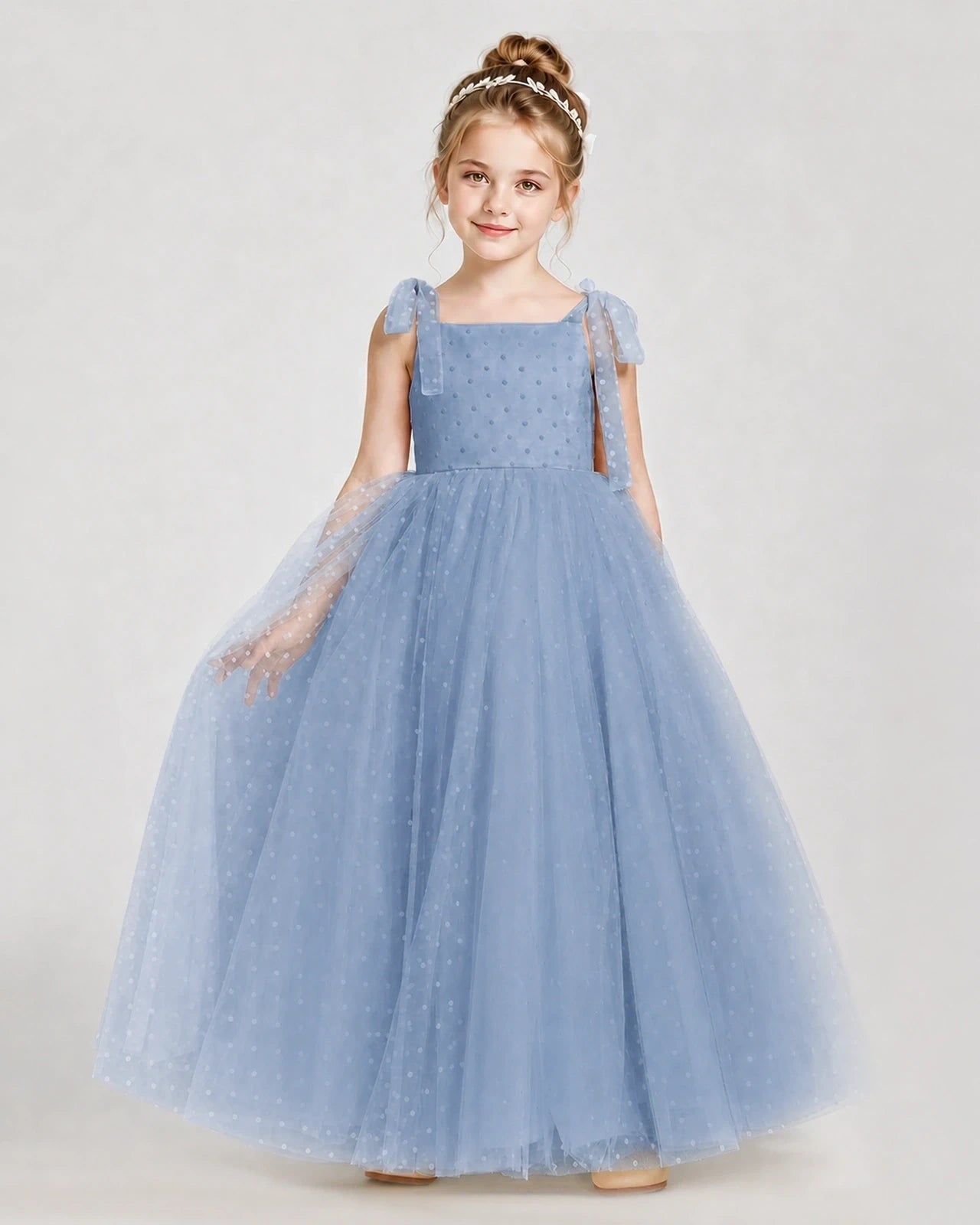 Dusty Blue Tulle A-line Girls Formal Dress Front View