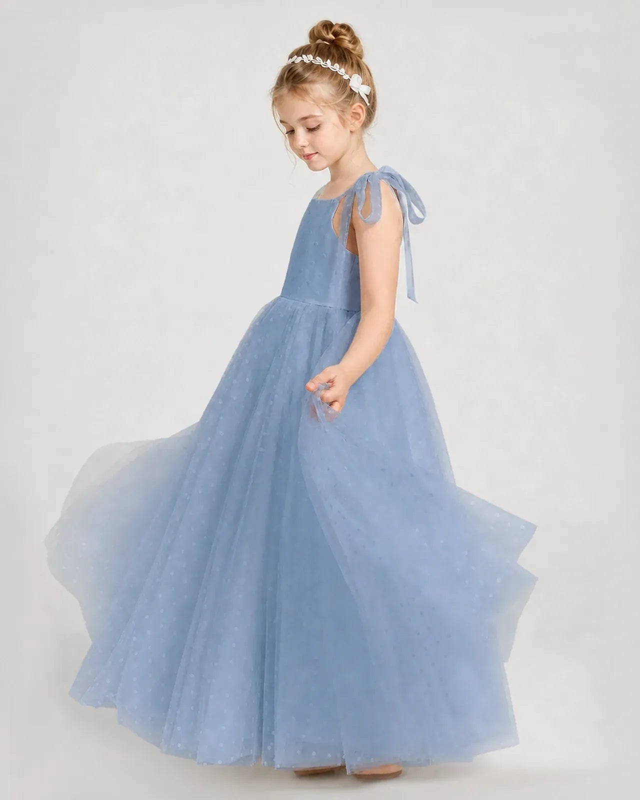 Dusty Blue Tulle A-line Girls Formal Dress Side View