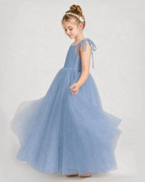 Dusty Blue Tulle A-line Girls Formal Dress Side View