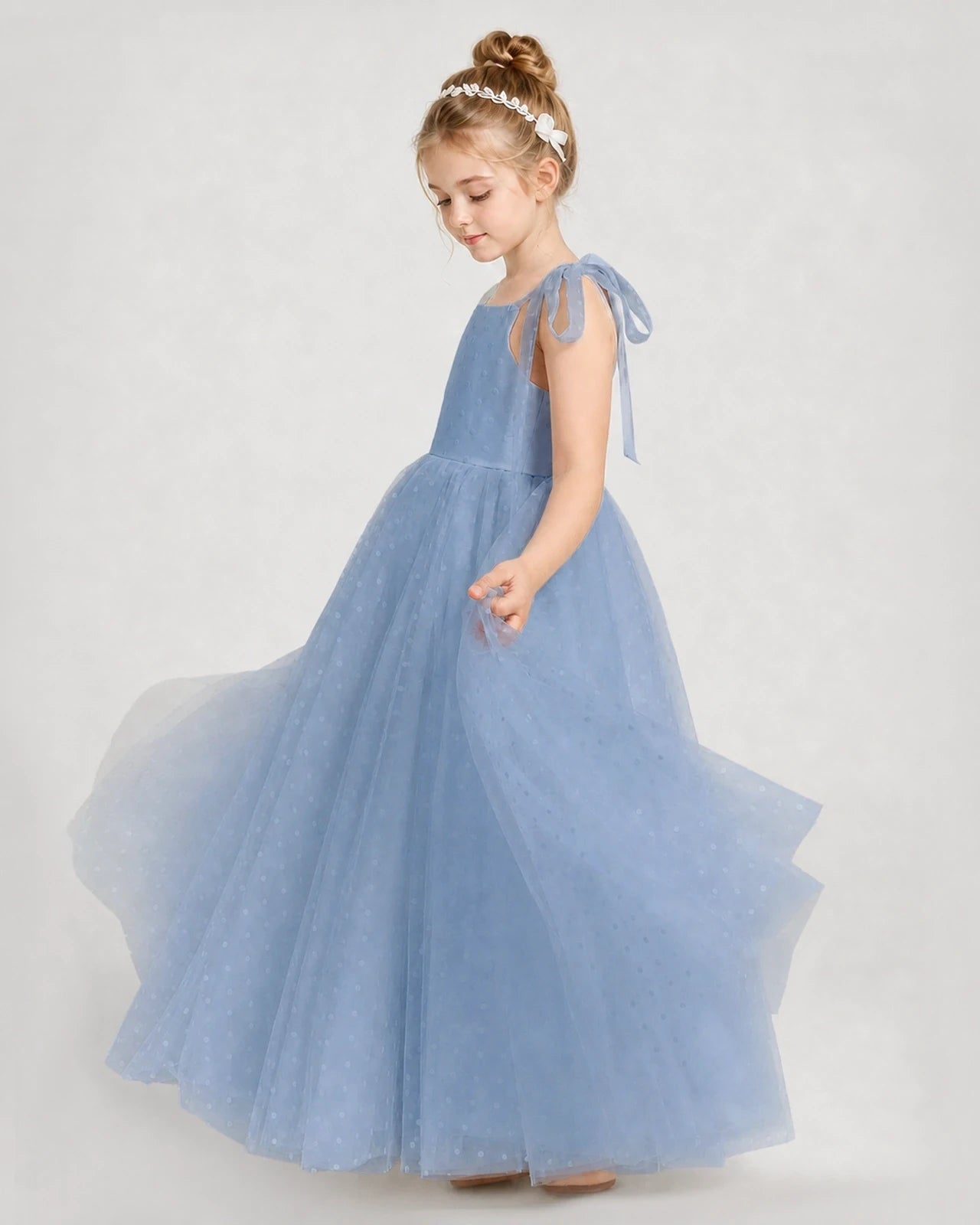 Dusty Blue Tulle A-line Girls Formal Dress Side View