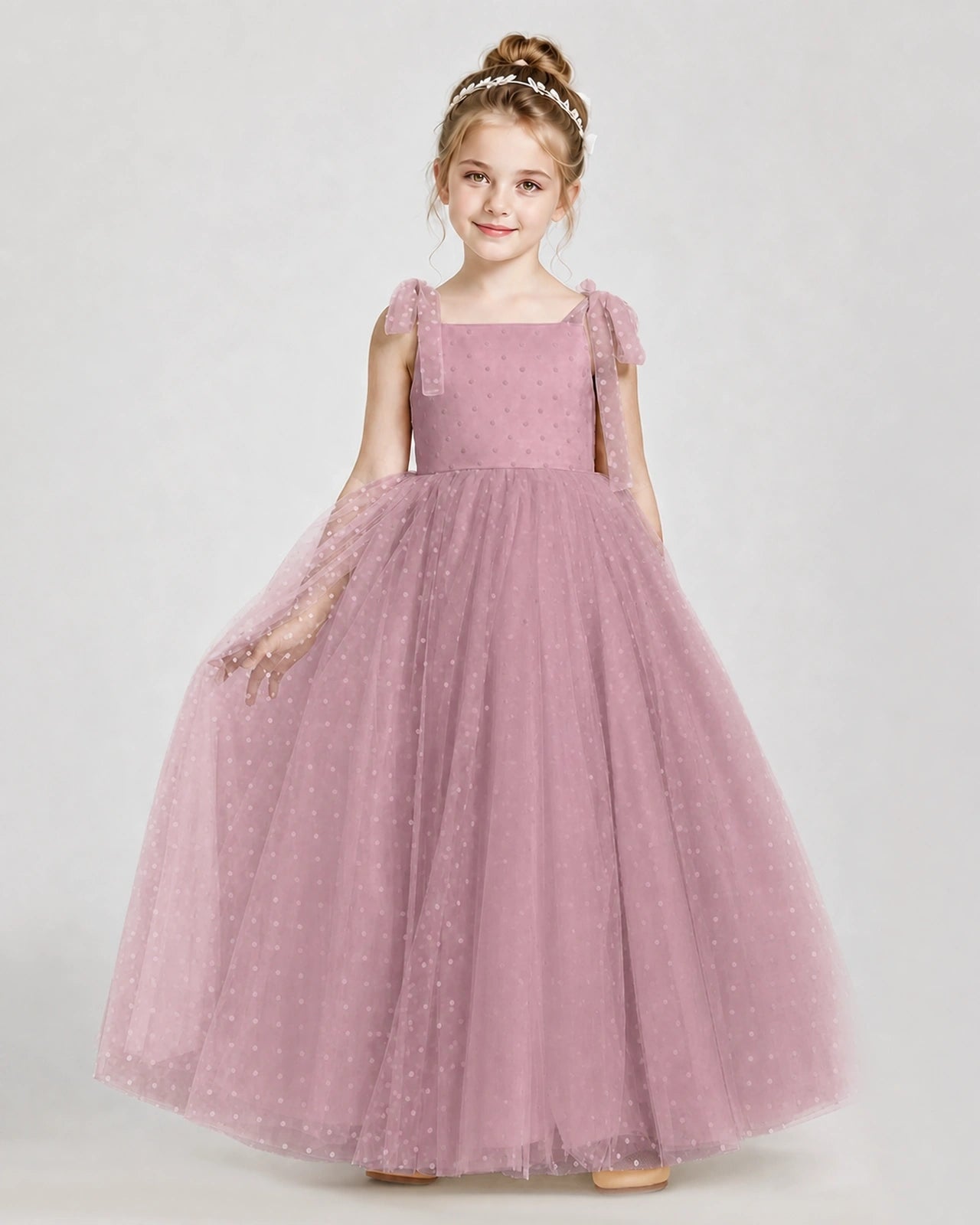 Dusty Rose Tulle A-line Girls Formal Dress Front View Imagen principal del producto