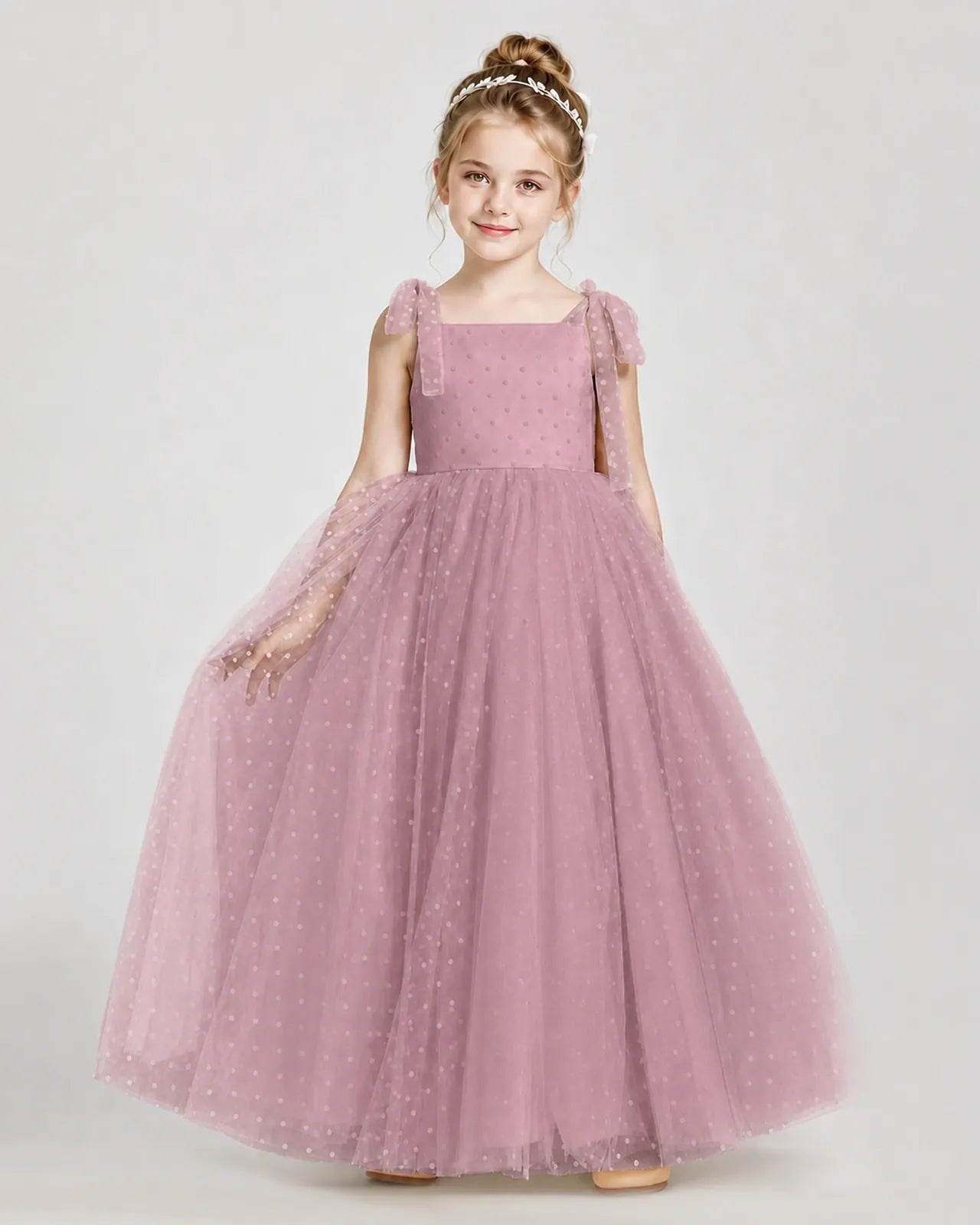 Dusty Rose Tulle A-line Girls Formal Dress Front View