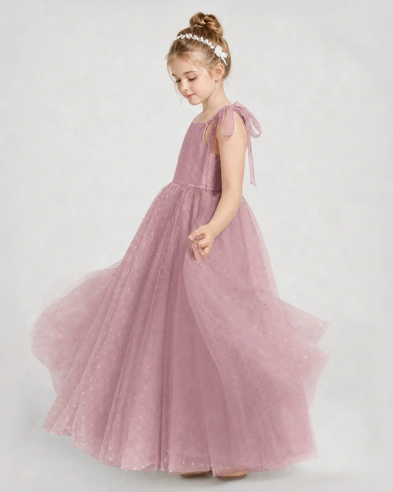 Dusty Rose Tulle A-line Girls Formal Dress Side View