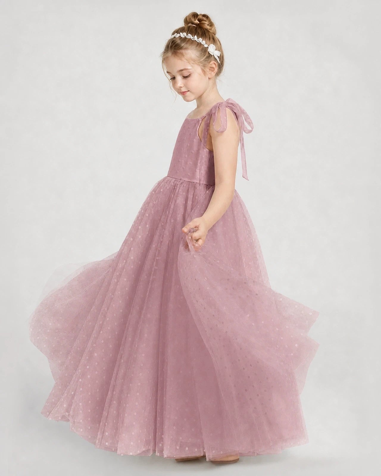Dusty Rose Tulle A-line Girls Formal Dress Side View