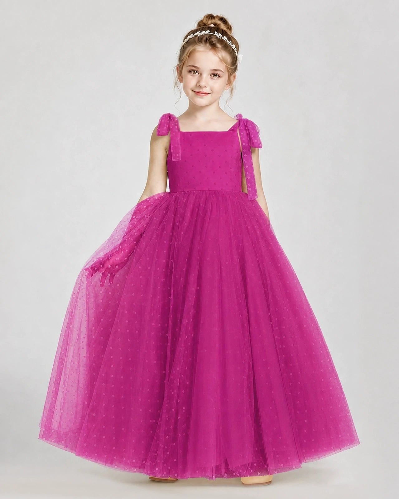 Hot Pink Tulle A-line Girls Formal Dress Front View
