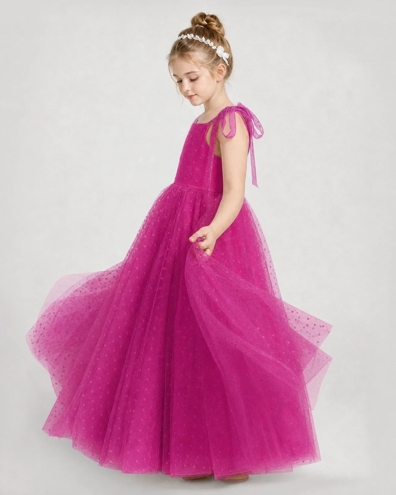 Hot Pink Tulle A-line Girls Formal Dress Side View