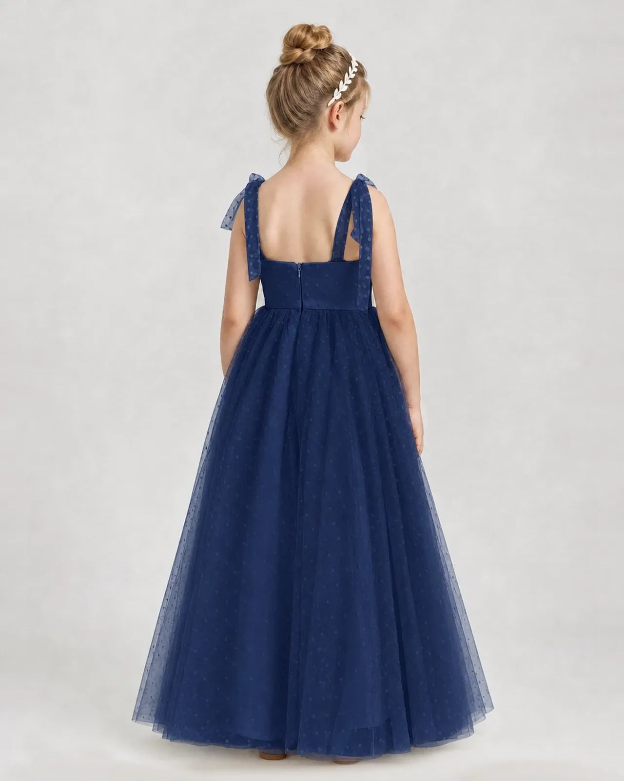 Navy Blue Tulle A-line Girls Formal Dress Back View