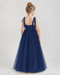 Navy Blue Tulle A-line Girls Formal Dress Back View