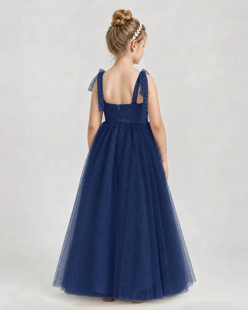 Navy Blue Tulle A-line Girls Formal Dress Back View