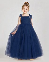 Navy Blue Tulle A-line Girls Formal Dress Front View