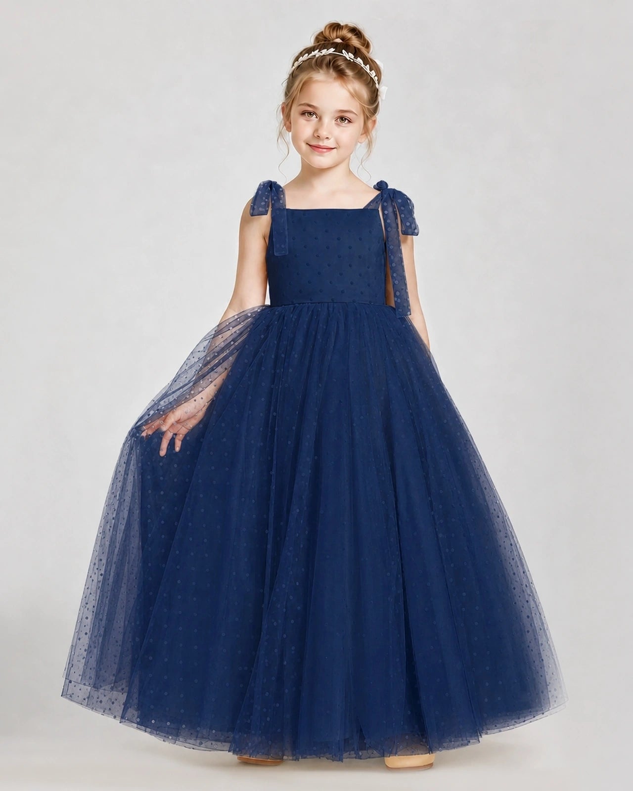 Navy Blue Tulle A-line Girls Formal Dress Front View