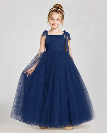 Navy Blue Tulle A-line Girls Formal Dress Front View