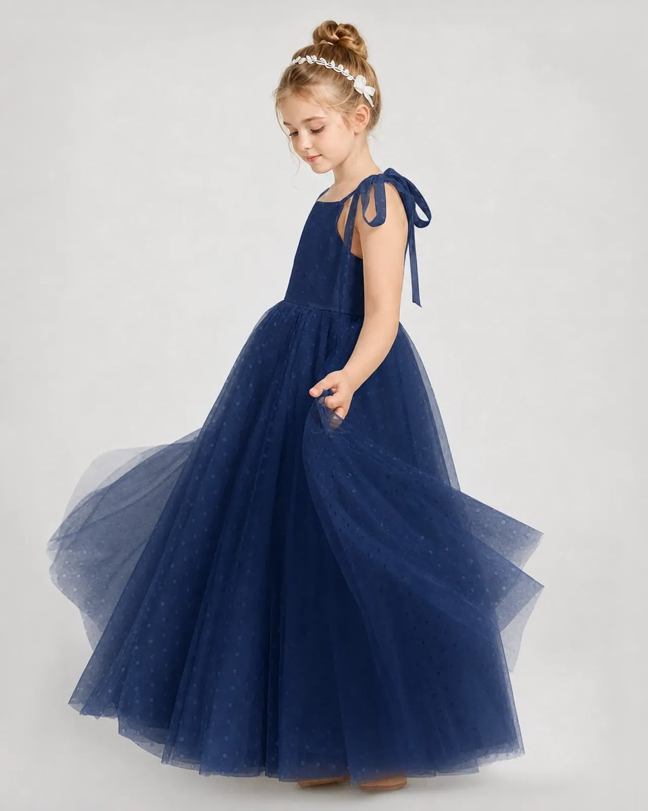 Navy Blue Tulle A-line Girls Formal Dress Side View