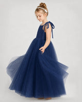 Navy Blue Tulle A-line Girls Formal Dress Side View