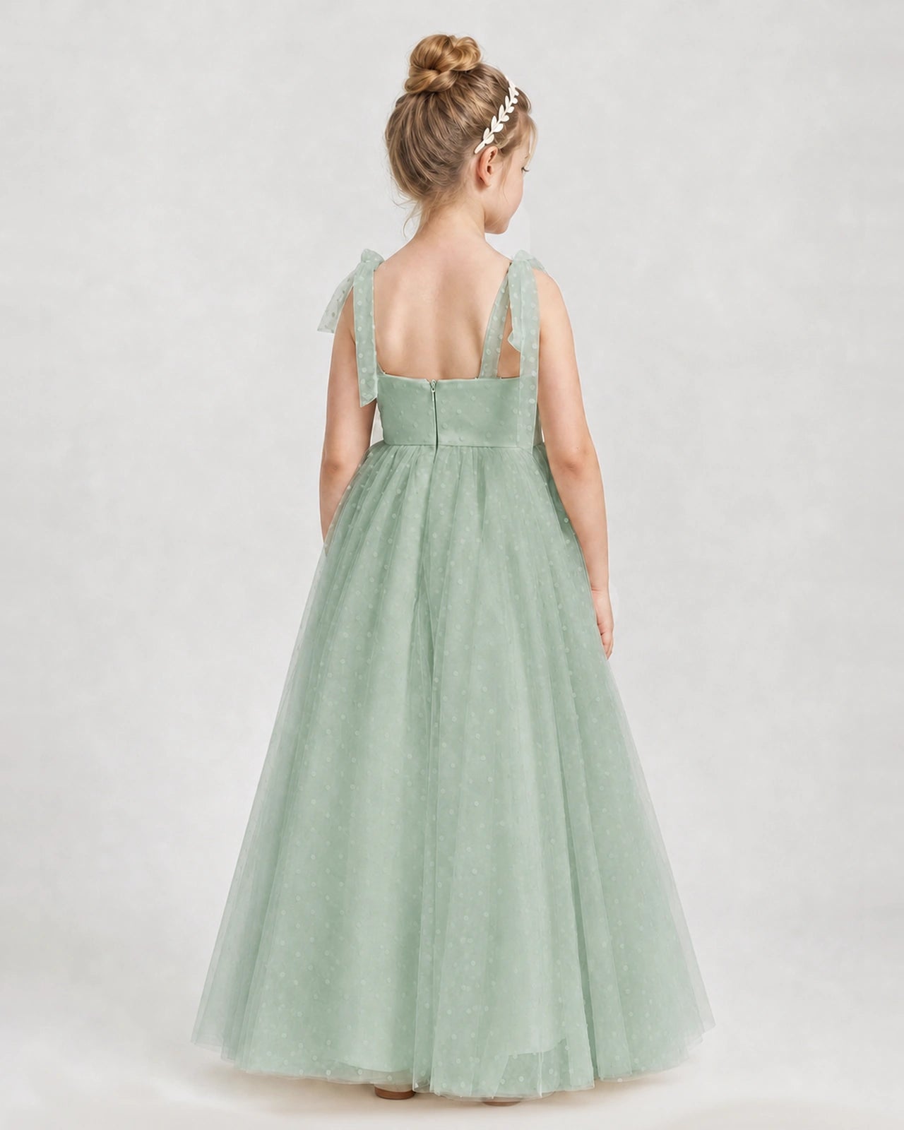 Dideyttawl Girls Formal Dress Tie-Shoulder Swiss Dot Tulle Gown