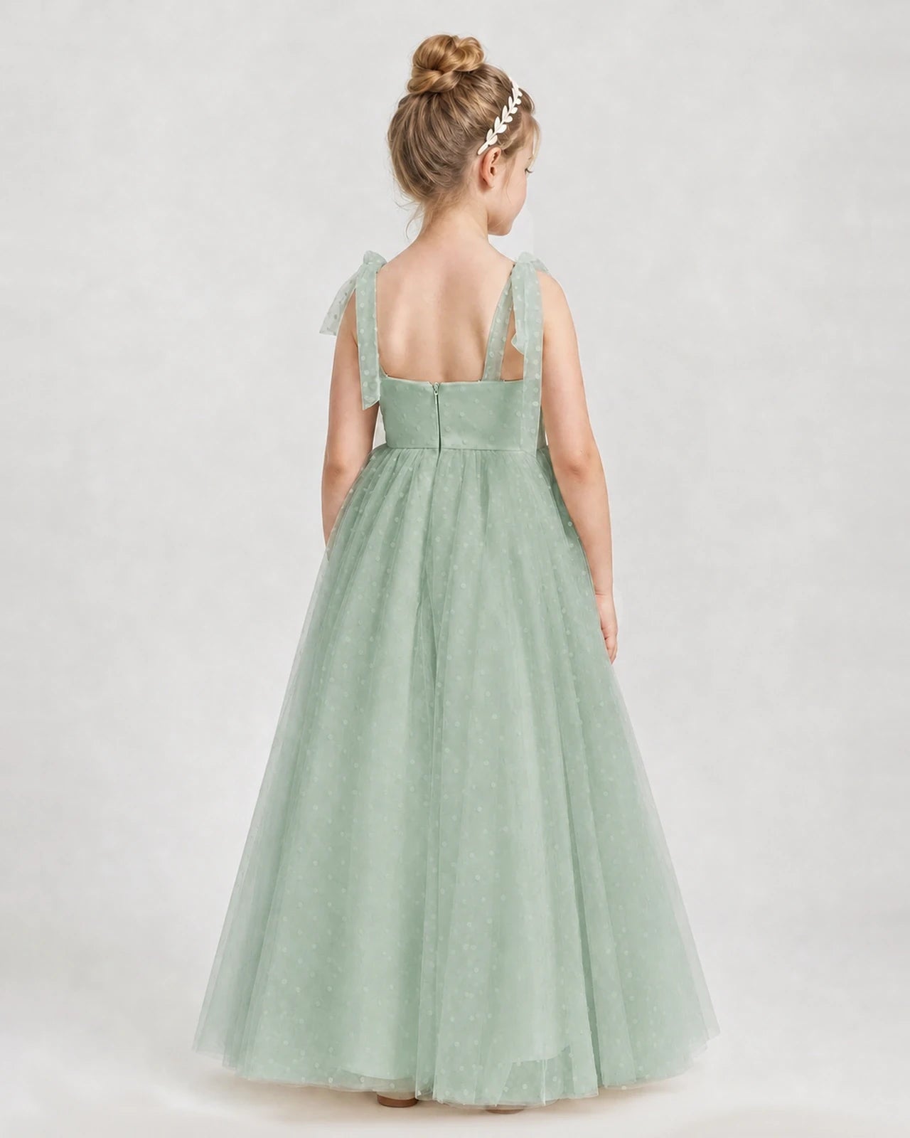 Sage Green Tulle A-line Girls Formal Dress Back View