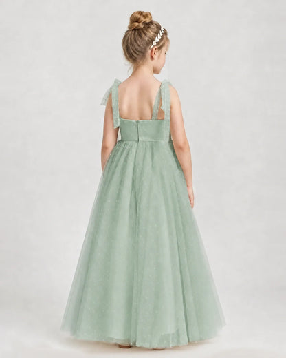 Sage Green Tulle A-line Girls Formal Dress Back View