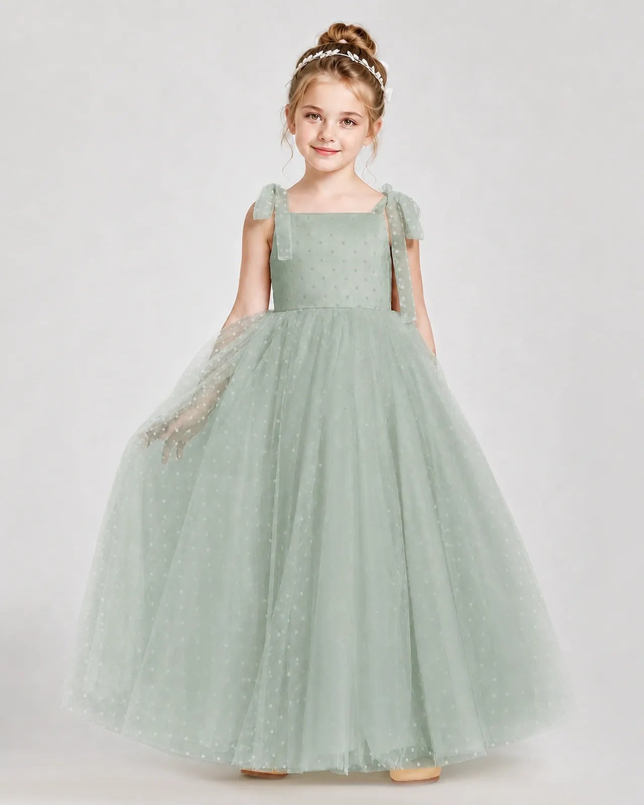 Sage Green Tulle A-line Girls Formal Dress Front View