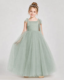 Sage Green Tulle A-line Girls Formal Dress Front View