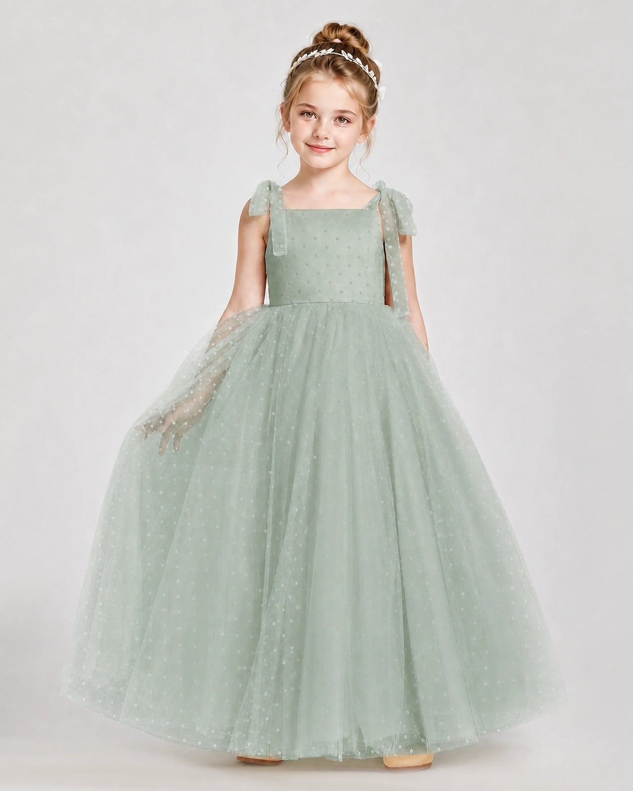 Sage Green Tulle A-line Girls Formal Dress Front View