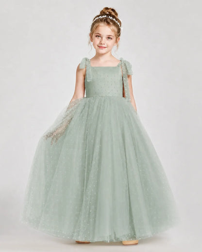 Sage Green Tulle A-line Girls Formal Dress Front View