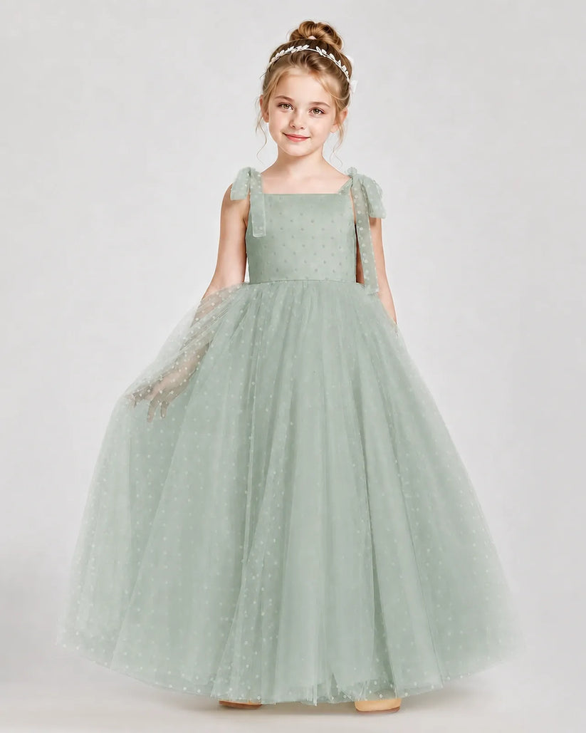 Sage Green Tulle A-line Girls Formal Dress Front View