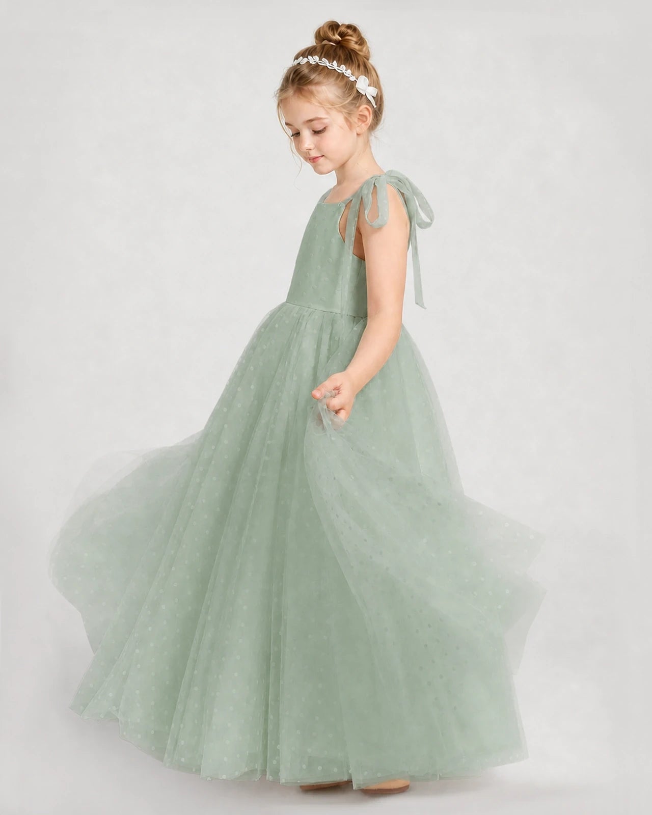 Sage Green Tulle A-line Girls Formal Dress Side View