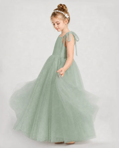 Sage Green Tulle A-line Girls Formal Dress Side View