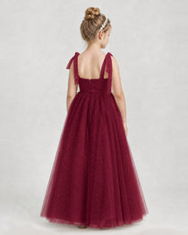 Dideyttawl Girls Formal Dress Tie-Shoulder Swiss Dot Tulle Gown