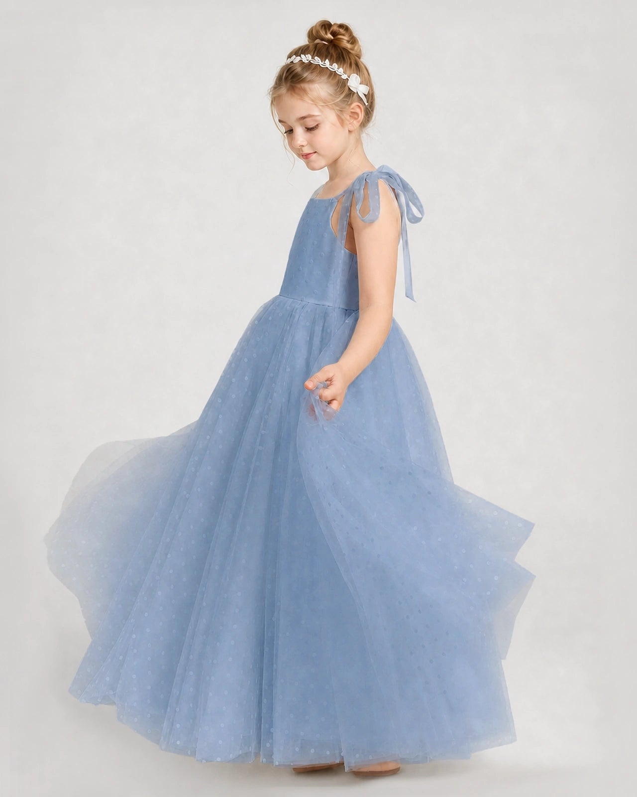Dideyttawl Girls Formal Dress Tie-Shoulder Swiss Dot Tulle Gown