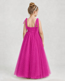 Dideyttawl Girls Formal Dress Tie-Shoulder Swiss Dot Tulle Gown