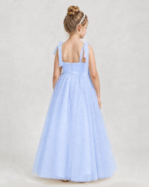 Dideyttawl Girls Formal Dress Tie-Shoulder Swiss Dot Tulle Gown
