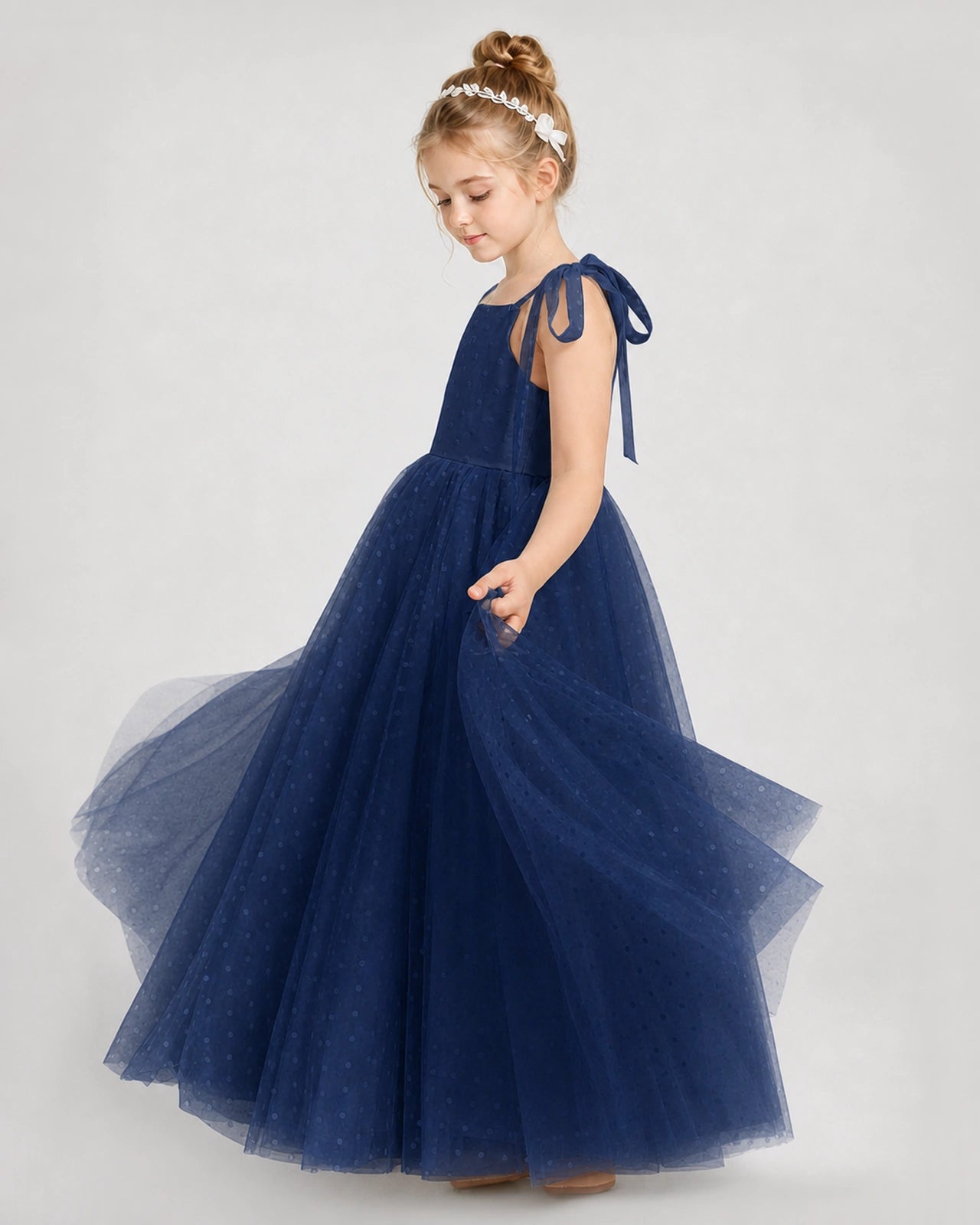 Dideyttawl Girls Formal Dress Tie-Shoulder Swiss Dot Tulle Gown