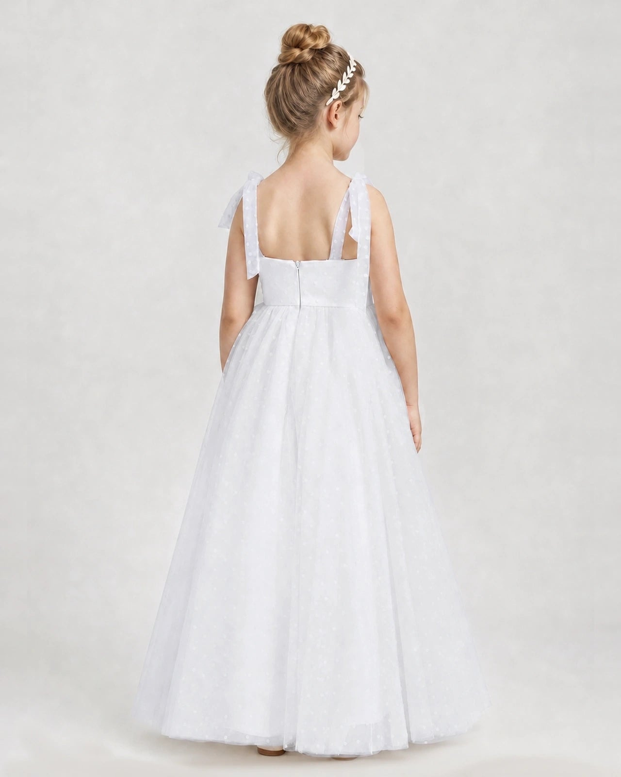 White Tulle A-line Girls Formal Dress Back View
