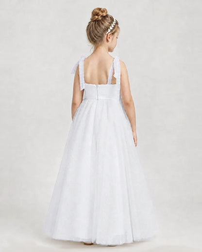 White Tulle A-line Girls Formal Dress Back View
