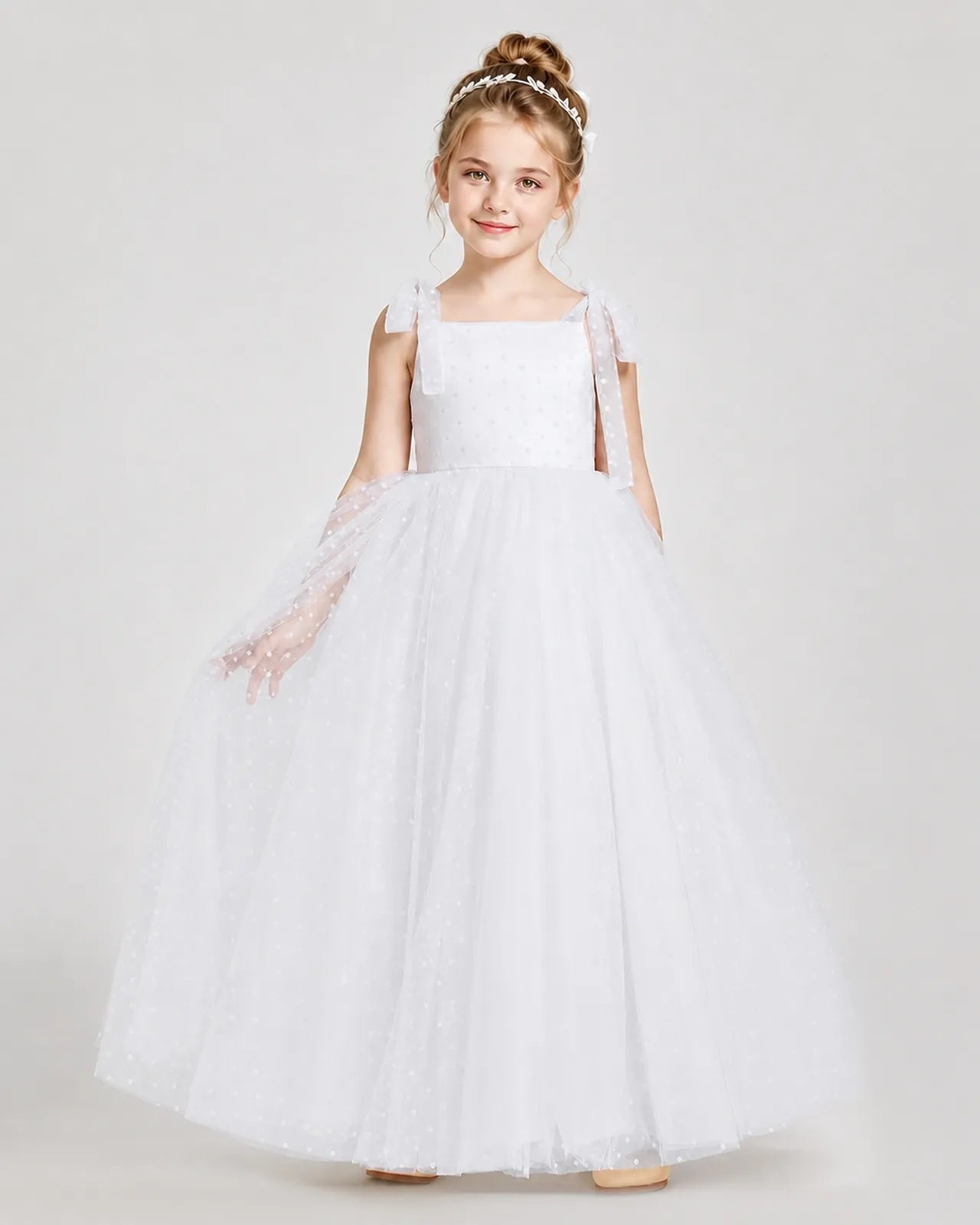 White Tulle A-line Girls Formal Dress Front View