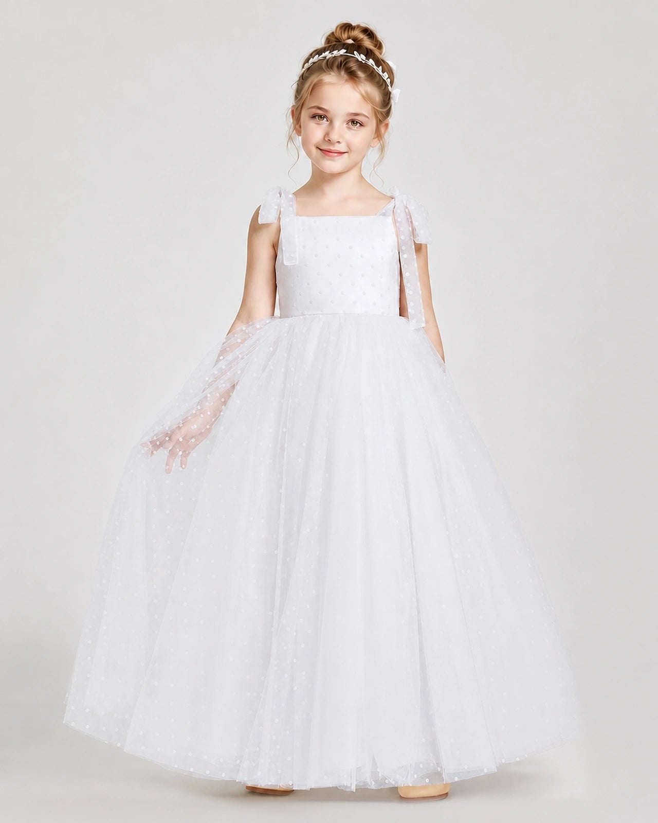 White Tulle A-line Girls Formal Dress Front View