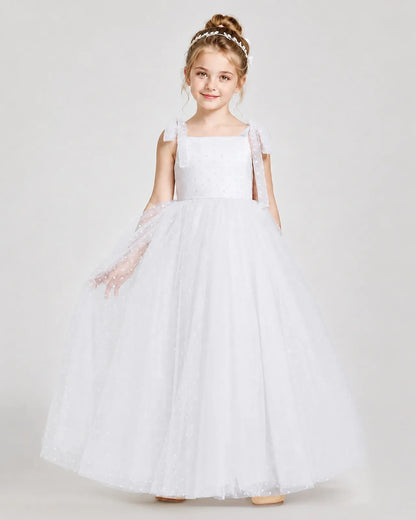White Tulle A-line Girls Formal Dress Front View