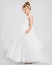 Dideyttawl Girls Formal Dress Tie-Shoulder Swiss Dot Tulle Gown