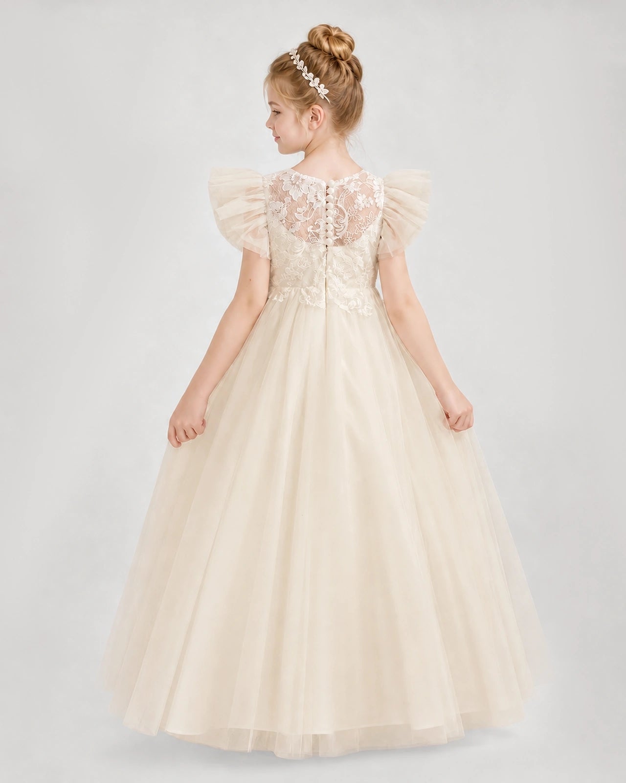 Dideyttawl Flower Girl Dress Puff Sleeve Pearl Back Tulle Gown