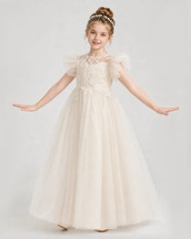 Dideyttawl Flower Girl Dress Puff Sleeve Pearl Back Tulle Gown