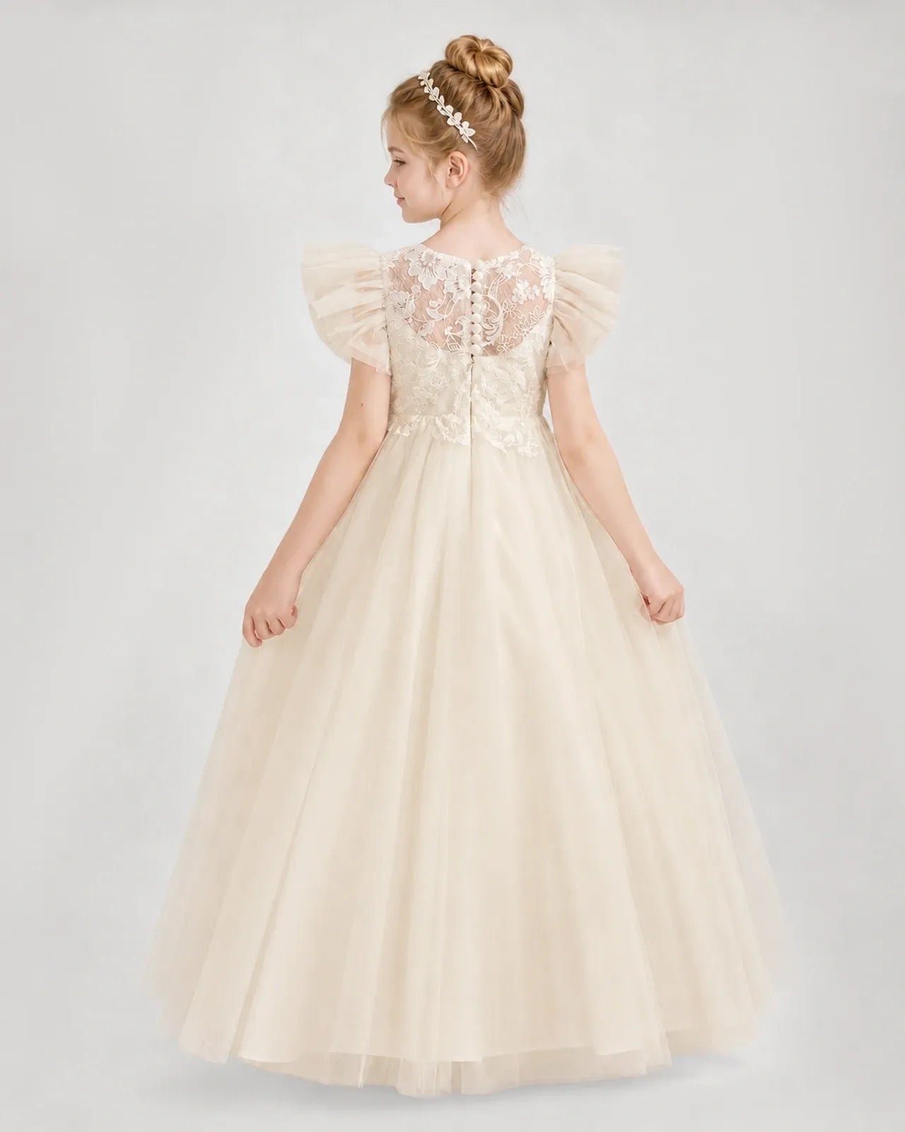 Champagne Tulle A-line Flower Girl Dress Back View