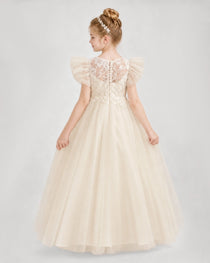 Champagne Tulle A-line Flower Girl Dress Back View
