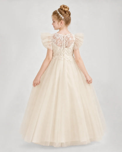 Champagne Tulle A-line Flower Girl Dress Back View