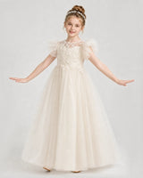 Champagne Tulle A-line Flower Girl Dress Front View
