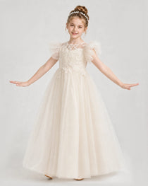 Champagne Tulle A-line Flower Girl Dress Front View