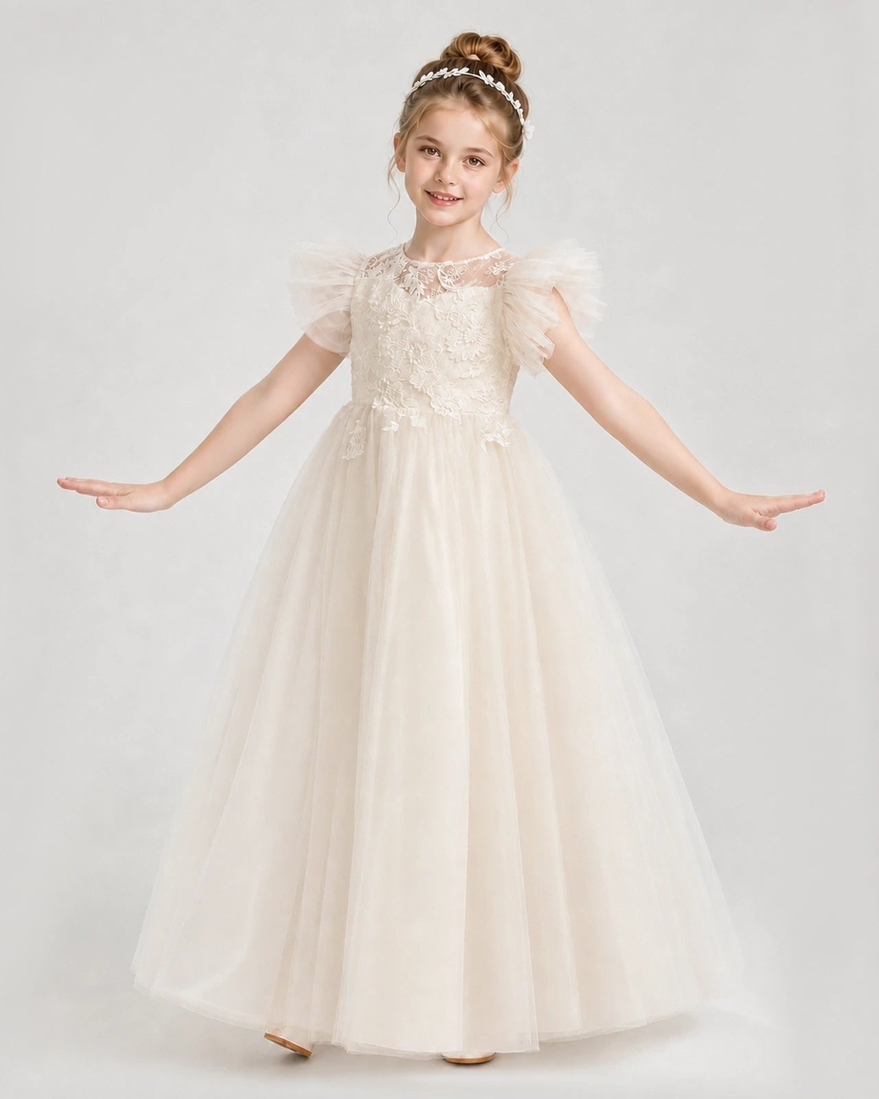 Champagne Tulle A-line Flower Girl Dress Front View