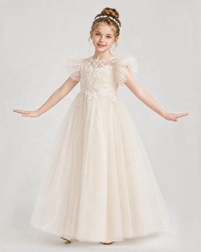 Champagne Tulle A-line Flower Girl Dress Front View